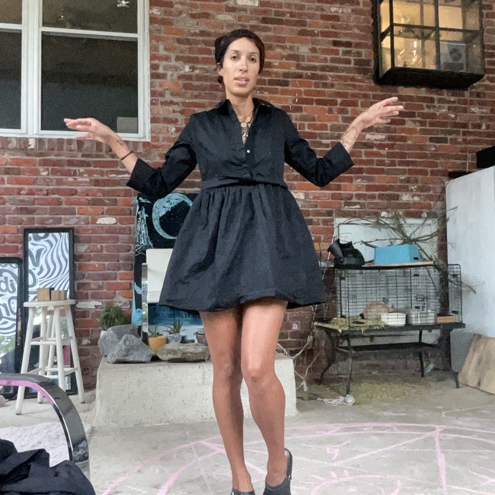 Black cotton collared mini swing dress